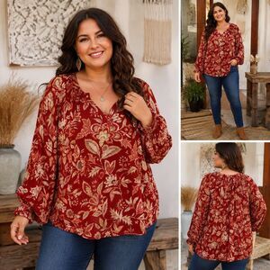 Chaps Women's XL Floral Peasant Blouse Red Cream Boho Long Sleeve Cotton Blend